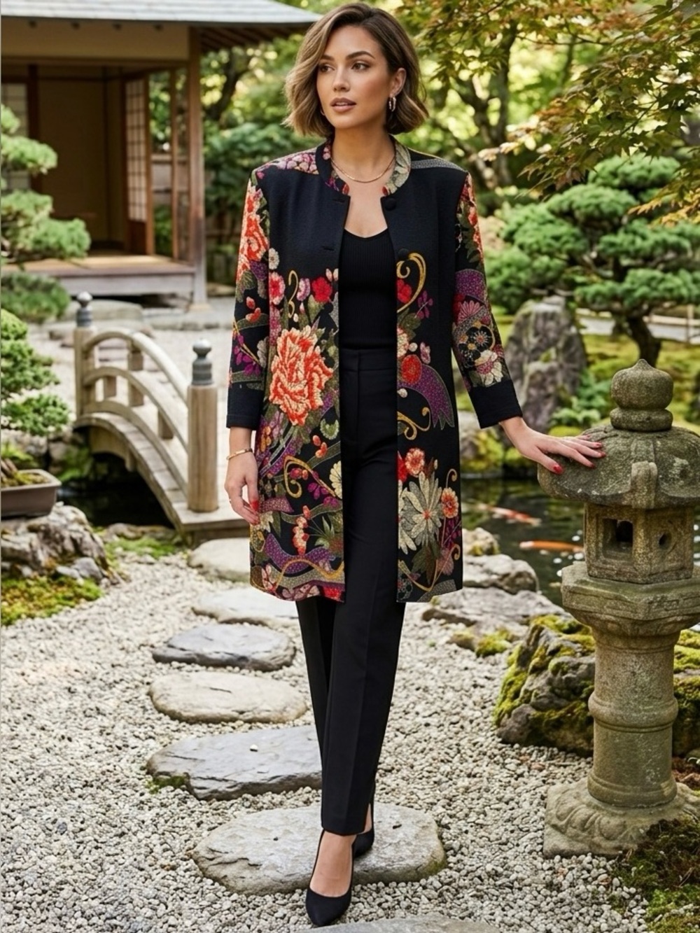 Drapers & Damons Floral Art Jacket Small Black Asian Peony Topper Boho Retro EUC - Picture 4 of 10